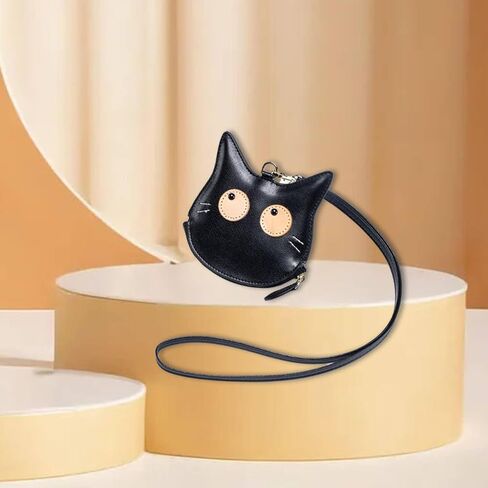 Coin Purse, Cute Cat Shape Small Wallet with Zipper Closure, PU Keychain Wallet with 40 CM Neck Cord for Women(Black) in Saudi Arabia