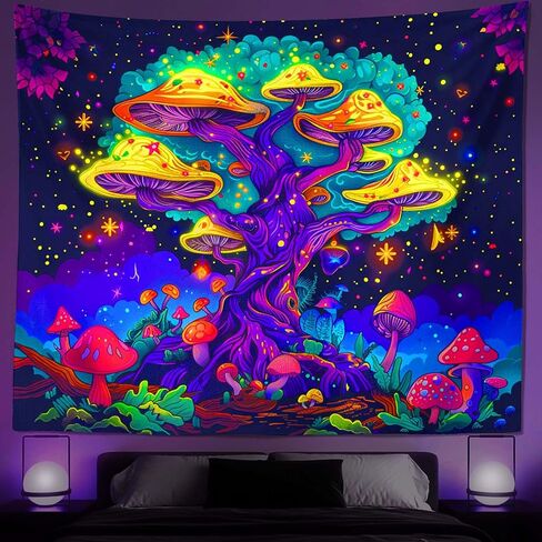 Mushroom Blacklight Tapestry UV Reactive - Glow in Dark Aesthetic Wall Hanging for Home Bedroom Decor - Great for Psychedelic Home Decoration 51 x 59 Inches in Saudi Arabia