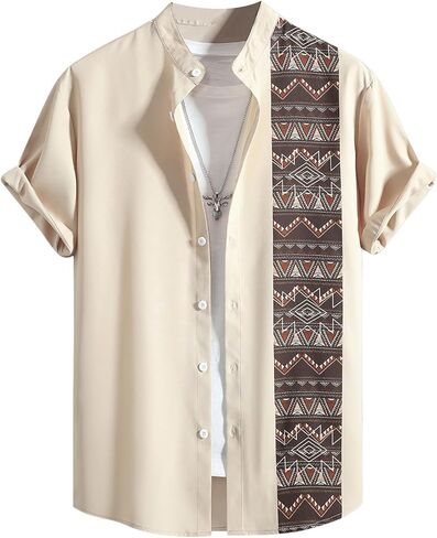 OYOANGLE Men's Paisley Print Short Sleeve Button Down Shirts Band Collar Dress Shirts in Saudi Arabia
