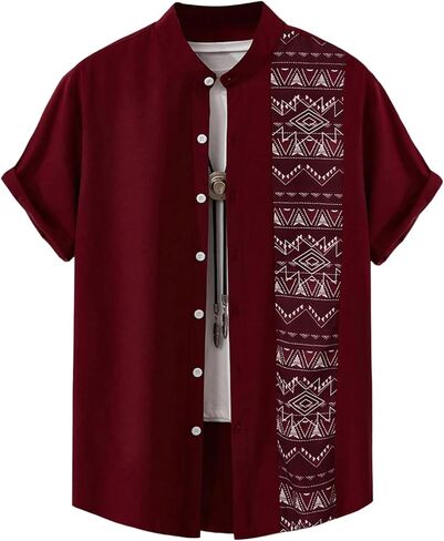 OYOANGLE Men's Paisley Print Short Sleeve Button Down Shirts Band Collar Dress Shirts in Saudi Arabia