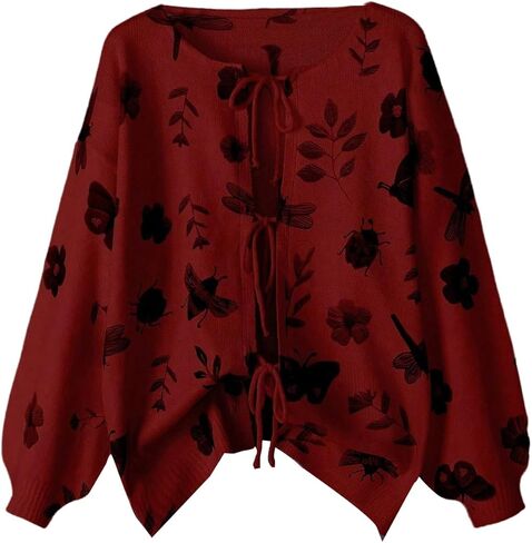 GORGLITTER Women's Plus Size Chunky Knit Bow Cardigan Sweater Tie Front Floral Open Front Tie Long Sleeve Trendy Fall Jacket in Saudi Arabia