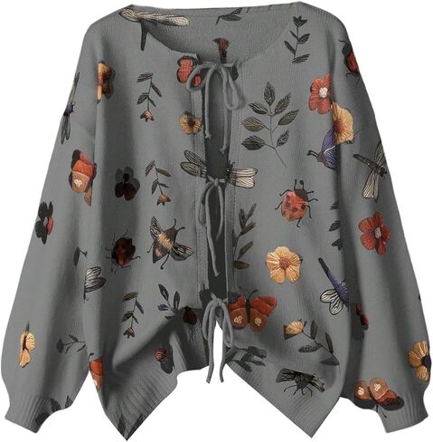 GORGLITTER Women's Plus Size Chunky Knit Bow Cardigan Sweater Tie Front Floral Open Front Tie Long Sleeve Trendy Fall Jacket in Saudi Arabia