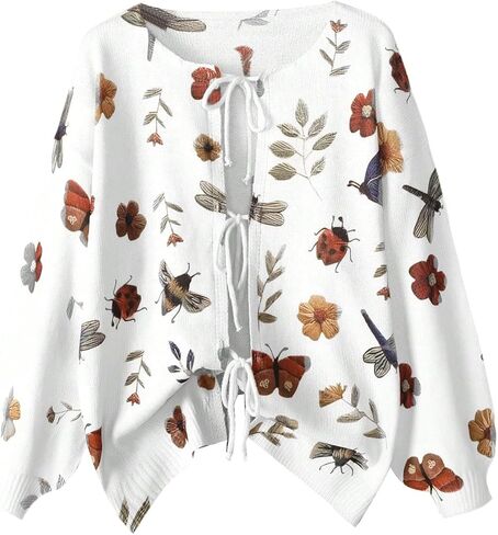 GORGLITTER Women's Plus Size Chunky Knit Bow Cardigan Sweater Tie Front Floral Open Front Tie Long Sleeve Trendy Fall Jacket in Saudi Arabia