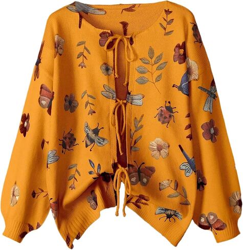 GORGLITTER Women's Plus Size Chunky Knit Bow Cardigan Sweater Tie Front Floral Open Front Tie Long Sleeve Trendy Fall Jacket in Saudi Arabia