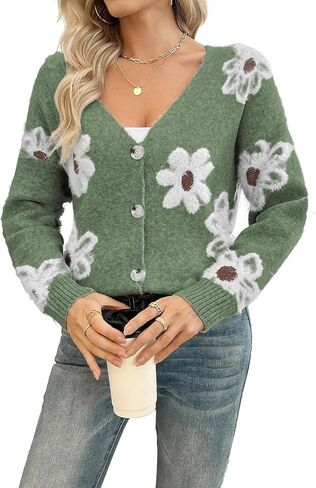 Women's Cardigans Casual Long Sleeve V-Neck Button Down Floral Sweaters Open Front Knit Outerwear in Saudi Arabia