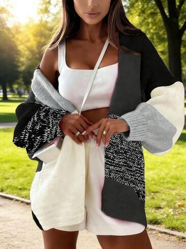 Womens Open Front Color Block Knit Cardigan Crew Neck Long Sleeve Casual Fashion Cardigans in Saudi Arabia