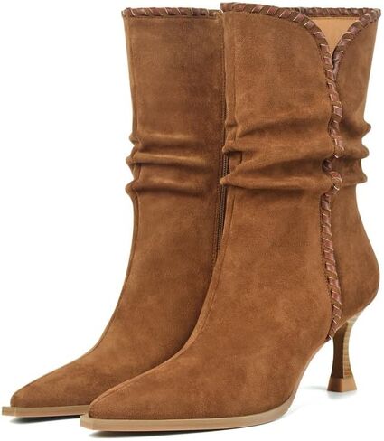 Slouchy Ankle Boots for Women Suede Low Kitten Heel Pointed Toe Booties Comfortable Trendy Side Zipper Fall Short Boot in Saudi Arabia