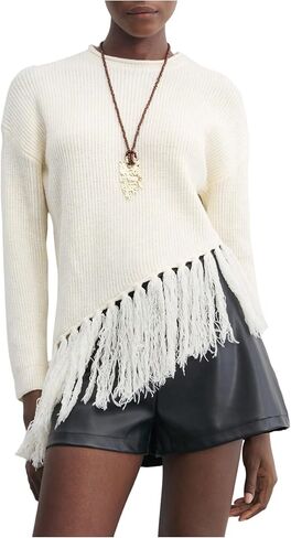 MakeMeChic Women's Boho Tassel Fringe Sweater Long Sleeve Crew Neck Pullover Fall Knitted Crop Tops in Saudi Arabia
