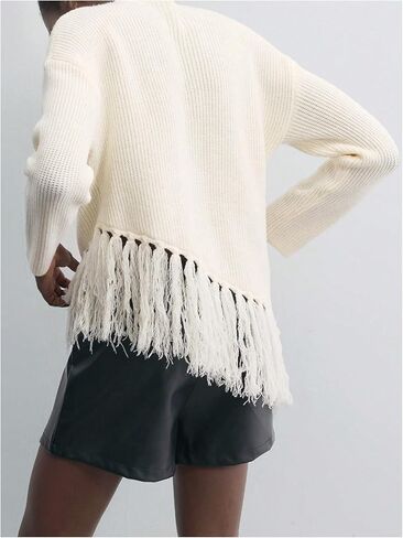 MakeMeChic Women's Boho Tassel Fringe Sweater Long Sleeve Crew Neck Pullover Fall Knitted Crop Tops in Saudi Arabia