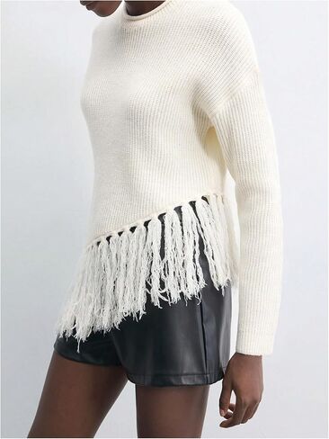MakeMeChic Women's Boho Tassel Fringe Sweater Long Sleeve Crew Neck Pullover Fall Knitted Crop Tops in Saudi Arabia
