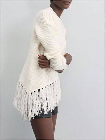 MakeMeChic Women's Boho Tassel Fringe Sweater Long Sleeve Crew Neck Pullover Fall Knitted Crop Tops in Saudi Arabia