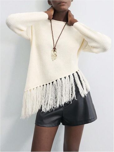 MakeMeChic Women's Boho Tassel Fringe Sweater Long Sleeve Crew Neck Pullover Fall Knitted Crop Tops in Saudi Arabia