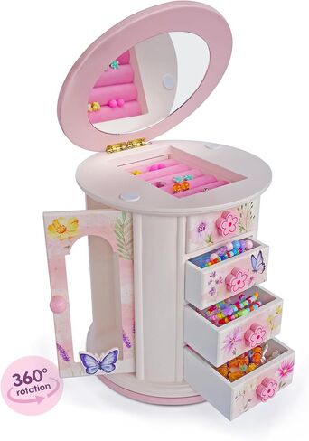 Tiny Gem - Spinning Jewelry Box for Girls Ages 2-18; Little Girl and Toddler Birthday and Christmas Gift; Flower and Butterfly White and Pink Wood Jewelry Box and Organizer; Room Decor for Accessories in Saudi Arabia