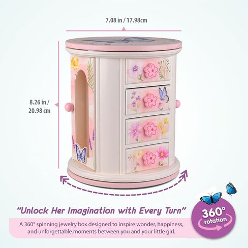 Tiny Gem - Spinning Jewelry Box for Girls Ages 2-18; Little Girl and Toddler Birthday and Christmas Gift; Flower and Butterfly White and Pink Wood Jewelry Box and Organizer; Room Decor for Accessories in Saudi Arabia