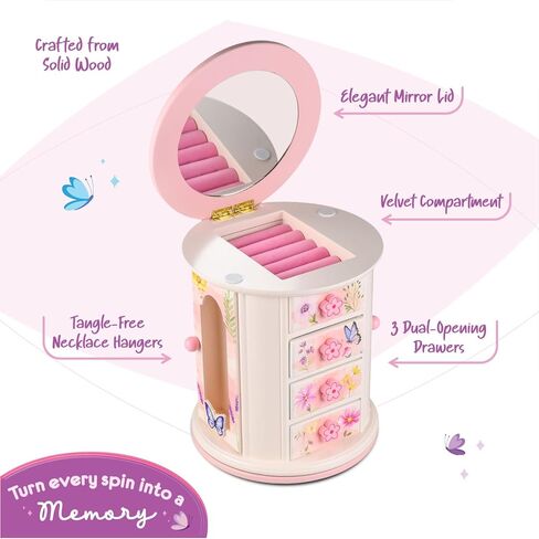 Tiny Gem - Spinning Jewelry Box for Girls Ages 2-18; Little Girl and Toddler Birthday and Christmas Gift; Flower and Butterfly White and Pink Wood Jewelry Box and Organizer; Room Decor for Accessories in Saudi Arabia