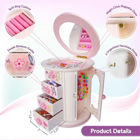 Tiny Gem - Spinning Jewelry Box for Girls Ages 2-18; Little Girl and Toddler Birthday and Christmas Gift; Flower and Butterfly White and Pink Wood Jewelry Box and Organizer; Room Decor for Accessories in Saudi Arabia