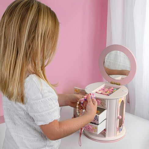 Tiny Gem - Spinning Jewelry Box for Girls Ages 2-18; Little Girl and Toddler Birthday and Christmas Gift; Flower and Butterfly White and Pink Wood Jewelry Box and Organizer; Room Decor for Accessories in Saudi Arabia
