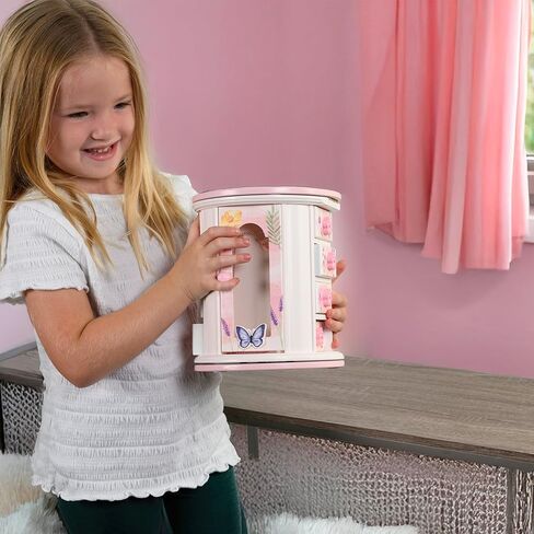 Tiny Gem - Spinning Jewelry Box for Girls Ages 2-18; Little Girl and Toddler Birthday and Christmas Gift; Flower and Butterfly White and Pink Wood Jewelry Box and Organizer; Room Decor for Accessories in Saudi Arabia