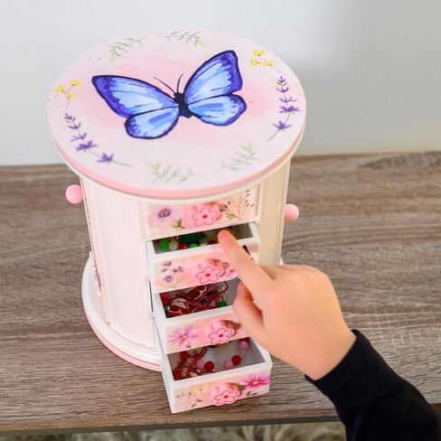 Tiny Gem - Spinning Jewelry Box for Girls Ages 2-18; Little Girl and Toddler Birthday and Christmas Gift; Flower and Butterfly White and Pink Wood Jewelry Box and Organizer; Room Decor for Accessories in Saudi Arabia