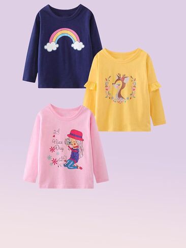 Girls' 3-Piece Long Sleeve T-Shirt Cotton Printing Casual Crewneck Tee for Toddler Little Kids Sizes 2-8Y in Saudi Arabia