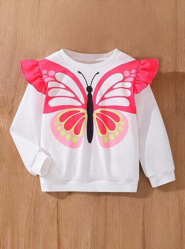 Girls Long Sleeve Butterfly Print T-Shirt Ruffle Shoulders Cute Graphic Tee in Saudi Arabia
