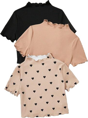 OYOANGLE Girl's 3 Pack Short Sleeve T-Shirts Ribbed Knit Mock Neck Tee Shirts Heart Print Tees in Saudi Arabia