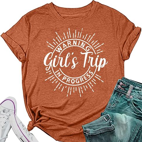 Women's Casual Warning Girls Trip in Progress T-Shirt Casual Crewneck Short Sleeve Graphic Tee in Saudi Arabia