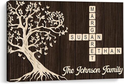 KiKiLuna Personalized Family Crossword Canvas Wall Art, Custom Names Crossword Sign with Tree, Rustic Farmhouse Family Name Canvas, Customized Wall Decor Gift for Home Living Room Bedroom in Saudi Arabia