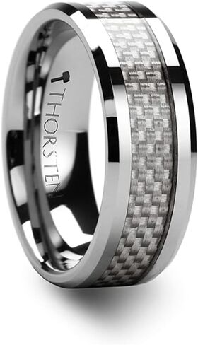 Mens Comfort Fit -Beveled Tungsten Carbide Wedding Ring - White Carbon Fiber Inlay - 4mm 6mm 8mm 10mm 12mm Wide - Style name: ULTIMUS - Lifetime Warranty in Saudi Arabia