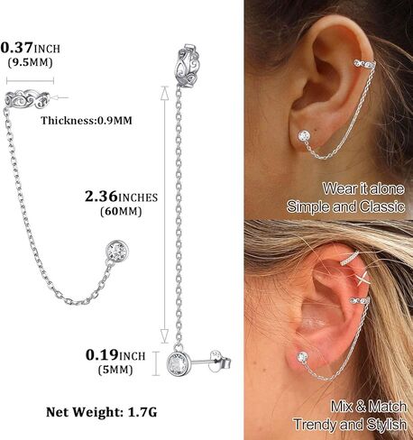 ChicSilver Small Cubic Zirconia Stud Earrings - Celtic Knot Ear Cuff Earrings Chain Sterling Silver Hypoallergenic CZ Earrings Studs Crystal Wrap Earrings for Women Crawler Earrings in Saudi Arabia