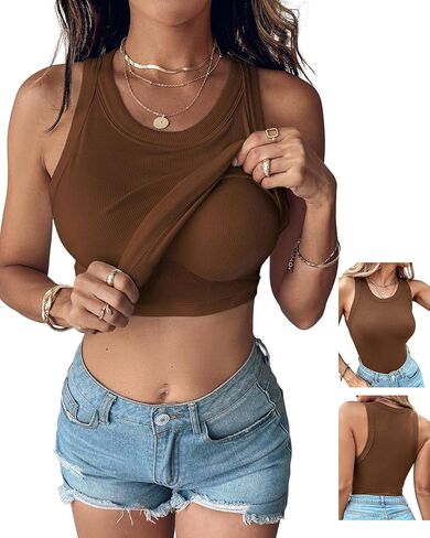 Chic ME Women Built-in Bra Tank Tops Sleeveless Casual Shirts Racerback Ribbed Fitted Tank Tops in Kuwait