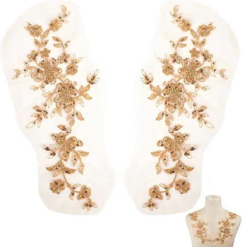 2 Pairs Flower Embroidery Lace Patch Gold Polyester Floral Patch Iron on Repair Patches Sewing Craft Decoration Appliques for Wedding Dress Gown Bodice Costume Clothing DIY in Kuwait