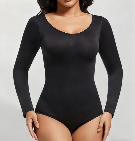 Long Sleeve Bodysuits for Women Scoop Neck Shapewear Casual Seamless Tummy Control and Butt Lifting Basic Body Shaper in Saudi Arabia