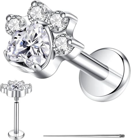 G23 Titanium Cat Dog Paw Flat Back Cartilage Stud Earrings with CZ - 16G 8mm Internally Threaded Helix Tragus Labret Lip Piercing Jewelry - Hypoallergenic for Women Single Piece in Saudi Arabia