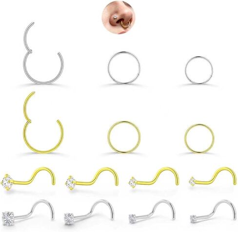 20G/18G Gold/Silver 316L Surgical Stainless Steel Nose Rings Hoop and Nose Studs Sets for Women Hypoallergenic Hinged Clicker Segment Nose Rings Hoop Helix Cartilage Body Piercing Jewelry in Saudi Arabia