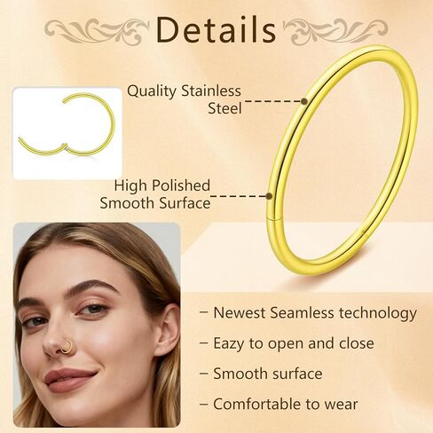 20G/18G Gold/Silver 316L Surgical Stainless Steel Nose Rings Hoop and Nose Studs Sets for Women Hypoallergenic Hinged Clicker Segment Nose Rings Hoop Helix Cartilage Body Piercing Jewelry in Saudi Arabia