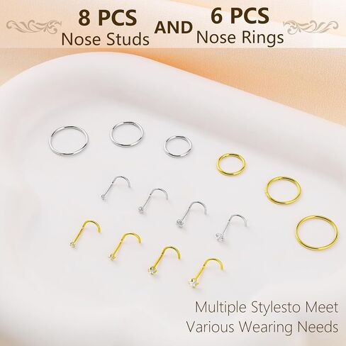 20G/18G Gold/Silver 316L Surgical Stainless Steel Nose Rings Hoop and Nose Studs Sets for Women Hypoallergenic Hinged Clicker Segment Nose Rings Hoop Helix Cartilage Body Piercing Jewelry in Saudi Arabia