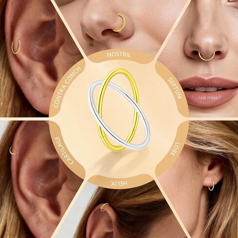 20G/18G Gold/Silver 316L Surgical Stainless Steel Nose Rings Hoop and Nose Studs Sets for Women Hypoallergenic Hinged Clicker Segment Nose Rings Hoop Helix Cartilage Body Piercing Jewelry in Saudi Arabia