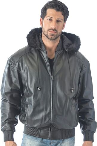 REED® Men's Detachable Hooded Faux Fur Leather Bomber Jacket with Baseball Style Collar in Saudi Arabia