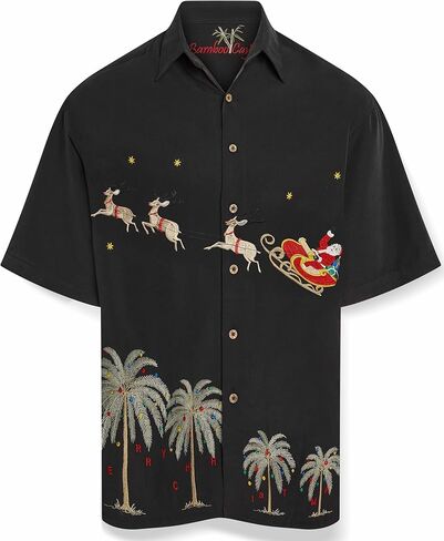 Bamboo Cay Flying Santa Short Sleeve Casual Tropical Christmas Men's Button Up Camp Shirt in Saudi Arabia