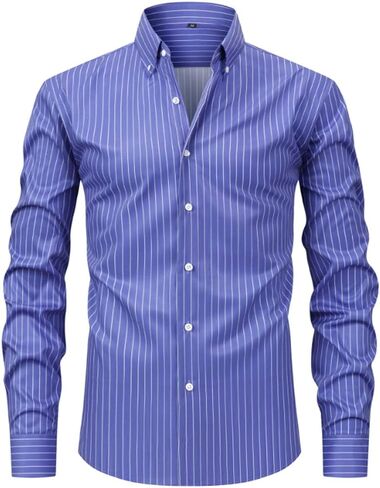 Mens Striped Shirt Casual Stylish Lapel Collared Long Sleeve Slim Fit Button Down Business Work Dress Shirts Blouses in Saudi Arabia