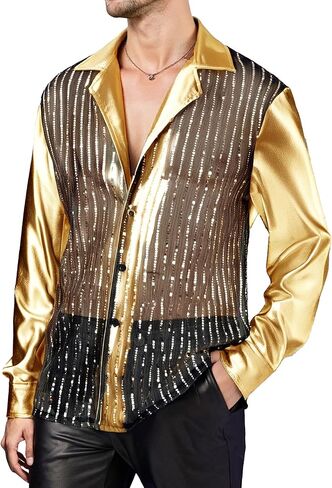 SEAUR Men's Sequin Button Down Shirt Sparkle Long Sleeve Tops Party Nightclub Wear in Saudi Arabia