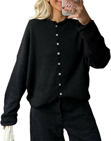 Women Knitted Cardigan Sweaters Long Sleeve Button Down Loose Knitwear Tops Y2k Vintage Jumper Knit Shirt in Saudi Arabia