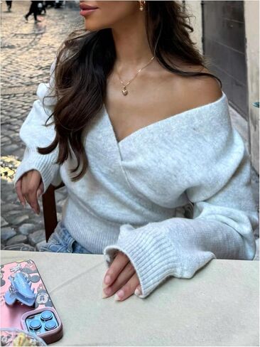 MakeMeChic Women's Cropped Sweaters Winter Wrap Christmas Sweater V Neck Tie Front Long Sleeve Knit Tops in Saudi Arabia