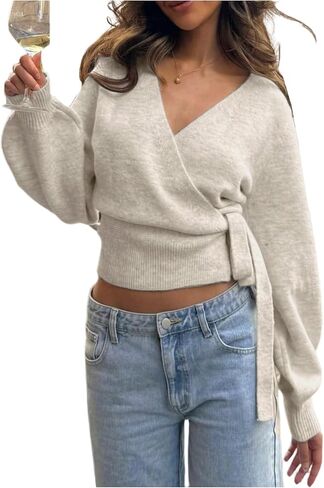 MakeMeChic Women's Cropped Sweaters Winter Wrap Christmas Sweater V Neck Tie Front Long Sleeve Knit Tops in Saudi Arabia