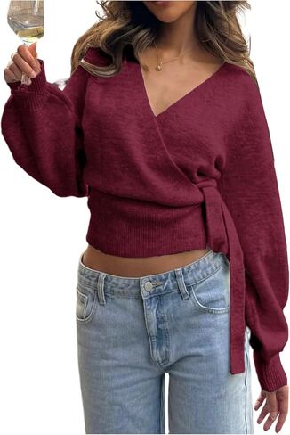 MakeMeChic Women's Cropped Sweaters Winter Wrap Christmas Sweater V Neck Tie Front Long Sleeve Knit Tops in Saudi Arabia