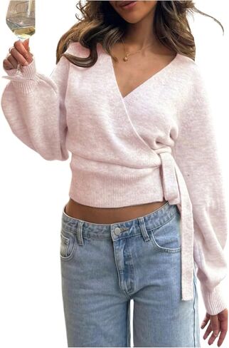 MakeMeChic Women's Cropped Sweaters Winter Wrap Christmas Sweater V Neck Tie Front Long Sleeve Knit Tops in Saudi Arabia
