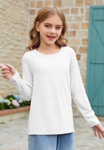 ZDC Girls Long Sleeve Shirts Kids Crewneck Layering Tunic Tops Plain Basic Tees Fashion T-Shirts 5-14Y in Saudi Arabia
