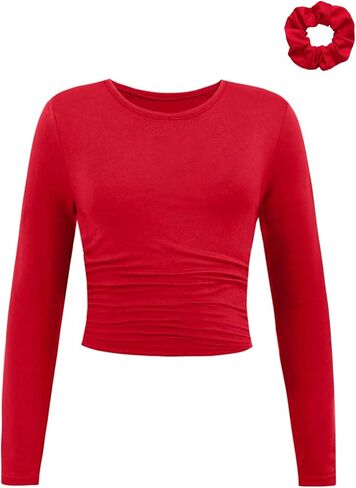 SOLY HUX Girl's Long Sleeve T Shirt Crew Neck Ruched Slim Fitted Basic Tee Cute Fall Tops with Hair Ties in Saudi Arabia