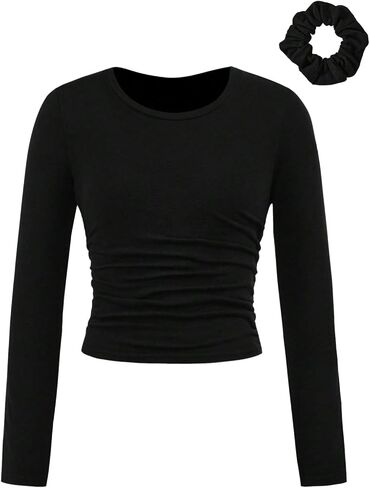 SOLY HUX Girl's Long Sleeve T Shirt Crew Neck Ruched Slim Fitted Basic Tee Cute Fall Tops with Hair Ties in Saudi Arabia